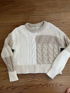 Aerie Chunky Cable-Knit Crewneck Sweater in Cream and Beige